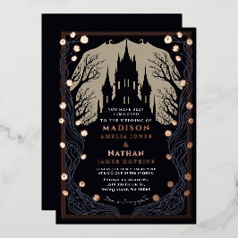 Invitación Con Relieve Metalizado Castillo gótico Boda Floral Halloween
