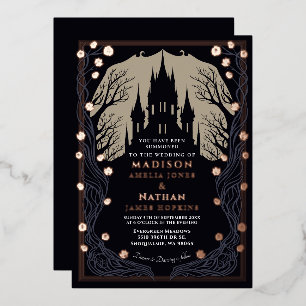 Invitación Con Relieve Metalizado Castillo gótico Boda Floral Halloween