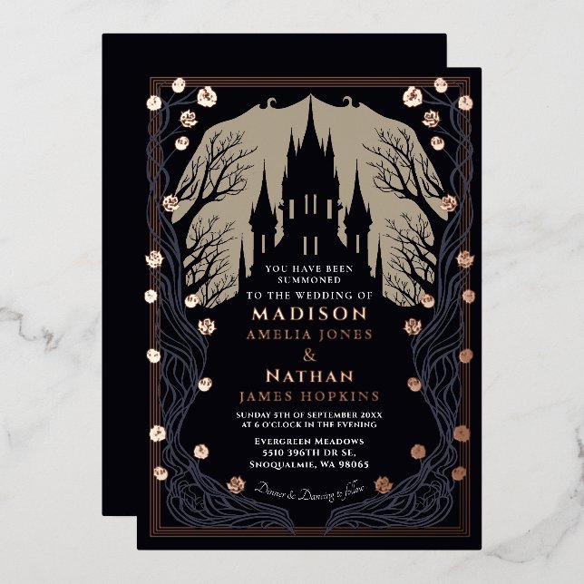 Invitación Con Relieve Metalizado Castillo gótico Boda Floral Halloween (Anverso/Reverso)