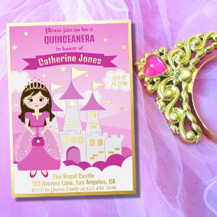 Invitación Con Relieve Metalizado Castillo Real Princesa Rosa Quinceañera