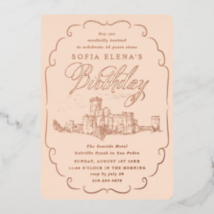 Invitación Con Relieve Metalizado Castillo Romántico Fantasía Cumpleaños Rosa Dorado