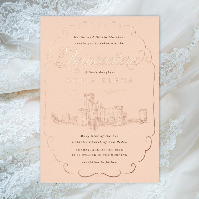 Invitación Con Relieve Metalizado Castillo romántico Fantasy Quinceañera Gold (Subido por el creador)