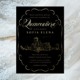 Invitación Con Relieve Metalizado Castillo romántico Fantasy Quinceañera Gold