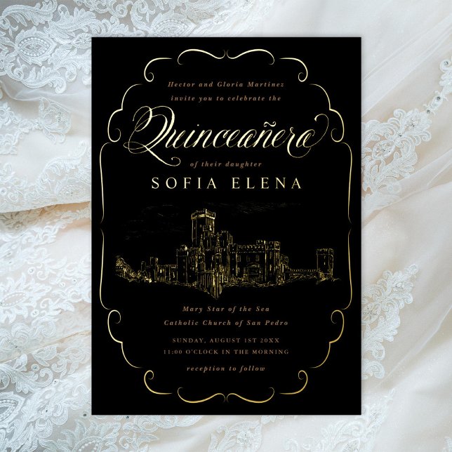 Invitación Con Relieve Metalizado Castillo romántico Fantasy Quinceañera Gold (Subido por el creador)
