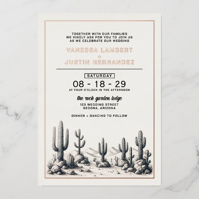 Invitación Con Relieve Metalizado Casual Cactus Boda (Anverso)