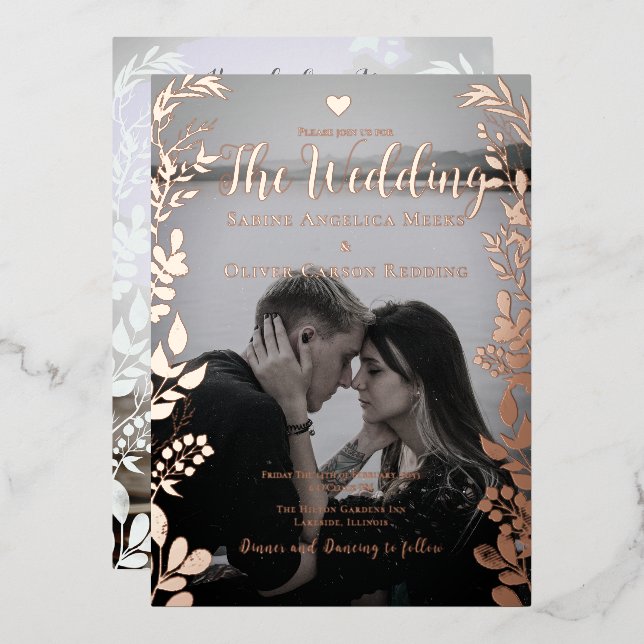 Invitación Con Relieve Metalizado Casual Elegant Photo Rosa Gold Floral Boda (Anverso/Reverso)