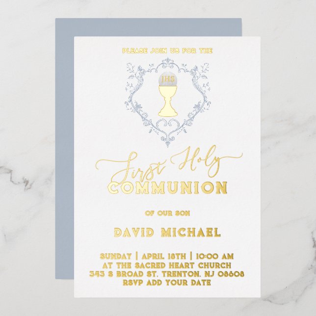 Invitación Con Relieve Metalizado Catholic Firs Holy Communion Foil Invitation (Anverso/Reverso)