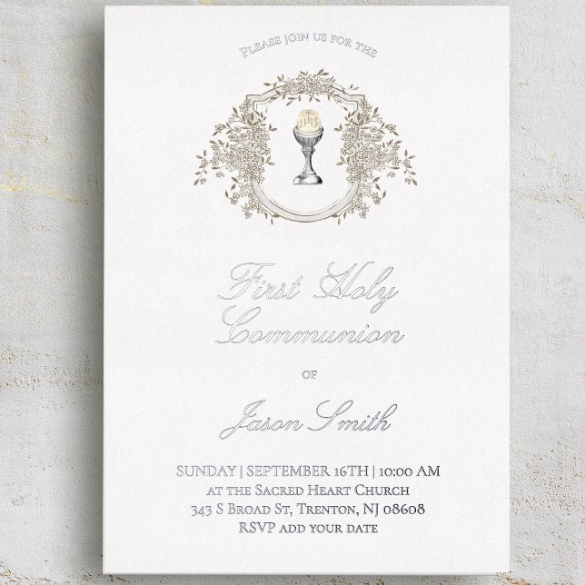 Invitación Con Relieve Metalizado catholic first communion chalice beige grey crest (Subido por el creador)
