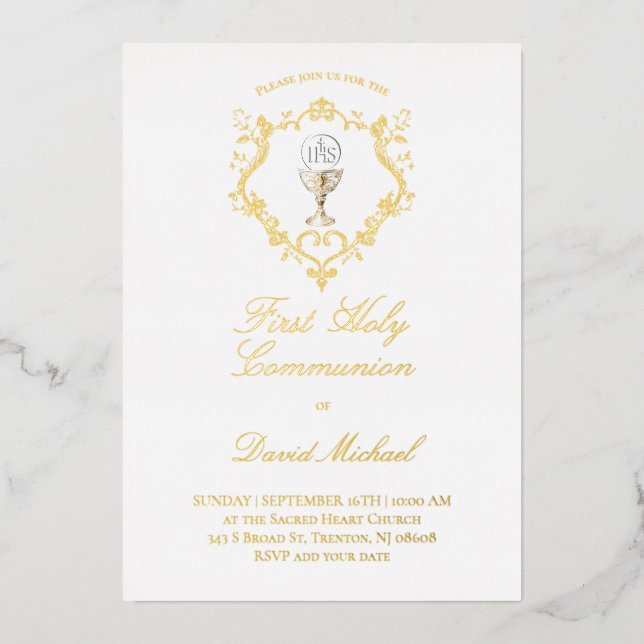 Invitación Con Relieve Metalizado catholic first communion chalice crest (Anverso)