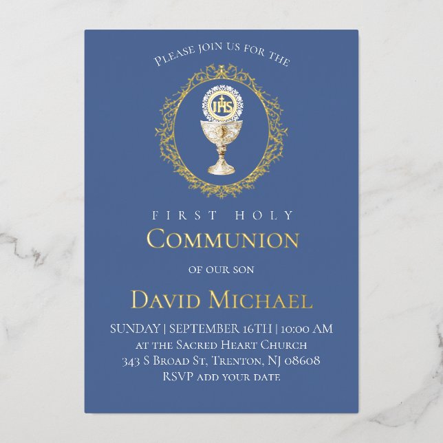 Invitación Con Relieve Metalizado catholic first communion Eucharist (Anverso)