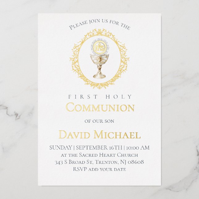 Invitación Con Relieve Metalizado catholic first communion Eucharist (Anverso)