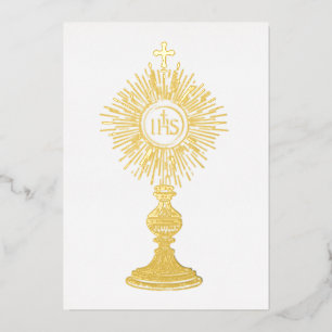 Invitación Con Relieve Metalizado catholic pequeña 5" x 7" custodia eucarística