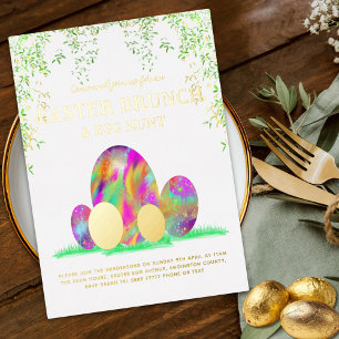 Invitación Con Relieve Metalizado Caza de Huevos de Brunch de Pascua Acuarela Dorada