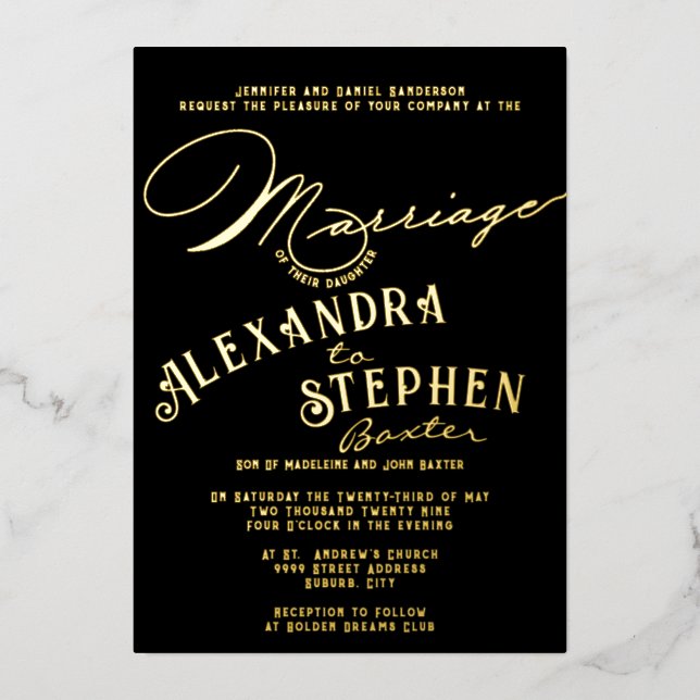 Invitación Con Relieve Metalizado Celebración de la ceremonia de la iglesia, Boda de (Anverso)