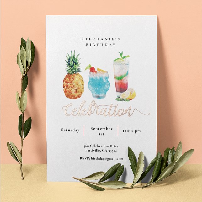Invitación Con Relieve Metalizado Celebración de verano fiesta de cumpleaños de cóct (Subido por el creador)
