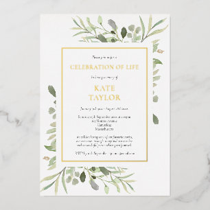 Invitación Con Relieve Metalizado Celebración de vida elegante funeral verde dorado