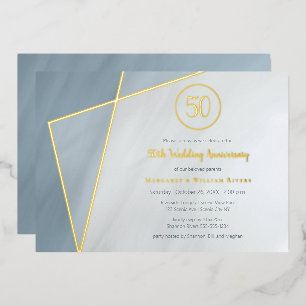 Invitación Con Relieve Metalizado celebración del 50 aniversario marco dorado azul p