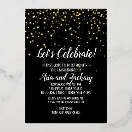 Invitación Con Relieve Metalizado Celebremos Confeti de Oro sobre Negro Compromiso