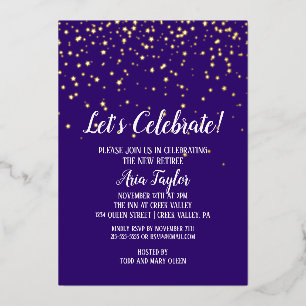 Invitación Con Relieve Metalizado Celebremos Confeti Dorado sobre Fiesta Dorada Púrp