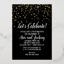 Invitación Con Relieve Metalizado Celebremos Confeti sobre Compromiso Negro Dorado