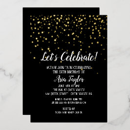 Invitación Con Relieve Metalizado Celebremos Confetti en oro de cumpleaños negro