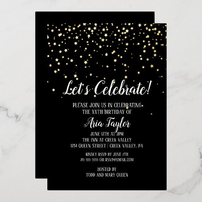 Invitación Con Relieve Metalizado Celebremos Confetti en oro de cumpleaños negro (Anverso/Reverso)
