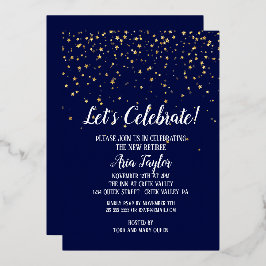 Invitación Con Relieve Metalizado Celebremos Confetti en oro de Fiesta azul de la Ma