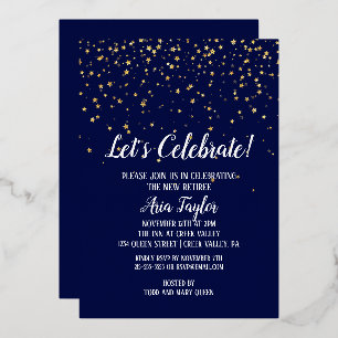 Invitación Con Relieve Metalizado Celebremos Confetti en oro de Fiesta azul de la Ma