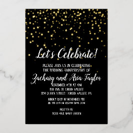 Invitación Con Relieve Metalizado Celebremos Confetti en oro del aniversario negro