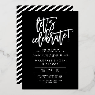 Invitación Con Relieve Metalizado Celebremos Cumpleaños Moderno Plata Negro