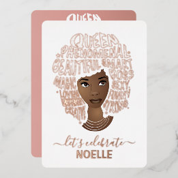Invitación Con Relieve Metalizado ¡Celebremos Cumpleaños! Mujer Negra Motivada