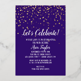 Invitación Con Relieve Metalizado Celebremos el Confetti de Oro en oro Fiesta morado
