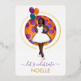 Invitación Con Relieve Metalizado ¡Celebremos el cumpleaños! Mujer negra con globos