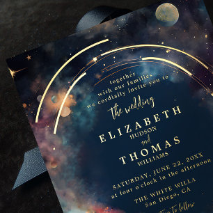 Invitación Con Relieve Metalizado Celestial Gold Moon Stars Floral Elegant Wedding