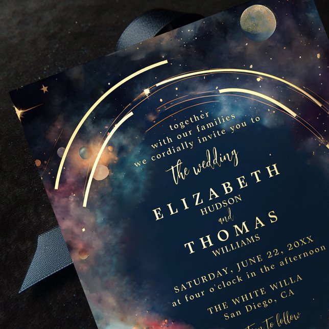 Invitación Con Relieve Metalizado Celestial Gold Moon Stars Floral Elegant Wedding (celestial wedding invitation moody dark midnight sky watercolor floral elegant modern classic gold)