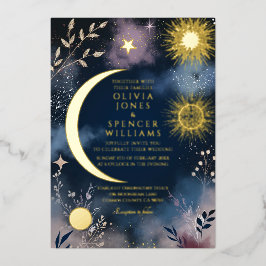 Invitación Con Relieve Metalizado Celestial Magic Moon & Stars Wedding