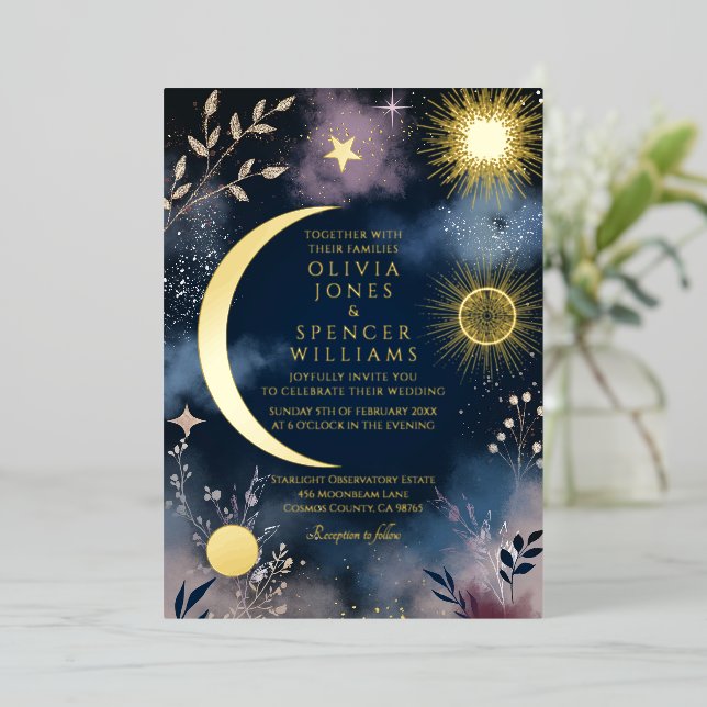 Invitación Con Relieve Metalizado Celestial Magic Moon & Stars Wedding (Anverso de pie)
