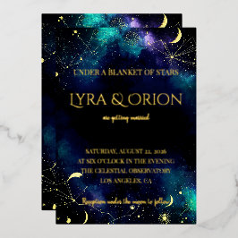 Invitación Con Relieve Metalizado Celestial Stars | Navy Teal Gold Galaxy | Wedding