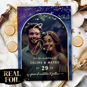 Invitación Con Relieve Metalizado Celine • Celestial Save the Date con Oro Real