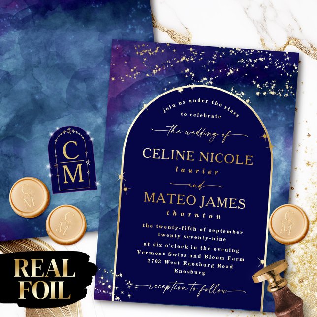 Invitación Con Relieve Metalizado Celine ・ Elegante Boda del Arco Cielo Nocturno Rea (Set the tone for a magical night wedding with this stunning "Celine" Gold Foil invitation design.)