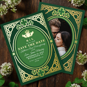 Invitación Con Relieve Metalizado Celta Nudo Claddagh Trébol Salvar la Fecha
