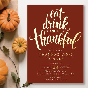 Invitación Con Relieve Metalizado Cena de Acción de Gracias Come Bebe Y Sé Agradecid