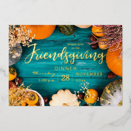 Invitación Con Relieve Metalizado Cena de Acción de Gracias con Amigos Calabaza Azul