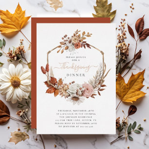 Invitación Con Relieve Metalizado Cena de Acción de Gracias con Hojas de Otoño Rústi