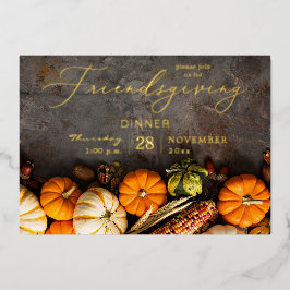 Invitación Con Relieve Metalizado Cena de Acción de Gracias de Amigos Calabazas
