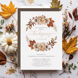 Invitación Con Relieve Metalizado Cena de Acción de Gracias de hojas de otoño elegan