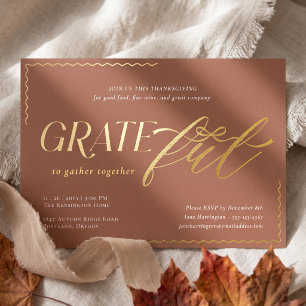 Invitación Con Relieve Metalizado Cena de Acción de Gracias elegante con lazo minima
