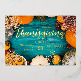 Invitación Con Relieve Metalizado Cena de Acción de Gracias Fiesta Calabaza Azul