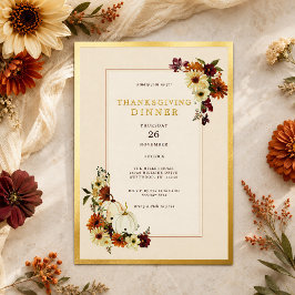 Invitación Con Relieve Metalizado Cena de Acción de Gracias Floral de Calabaza Rústi