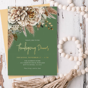 Invitación Con Relieve Metalizado Cena de Acción de Gracias Floral de Otoño en Oro